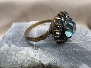 Vintage Artisan Blue Glass & Smoky Rhinestone Halo Ring | Handcrafted | Size 3.5